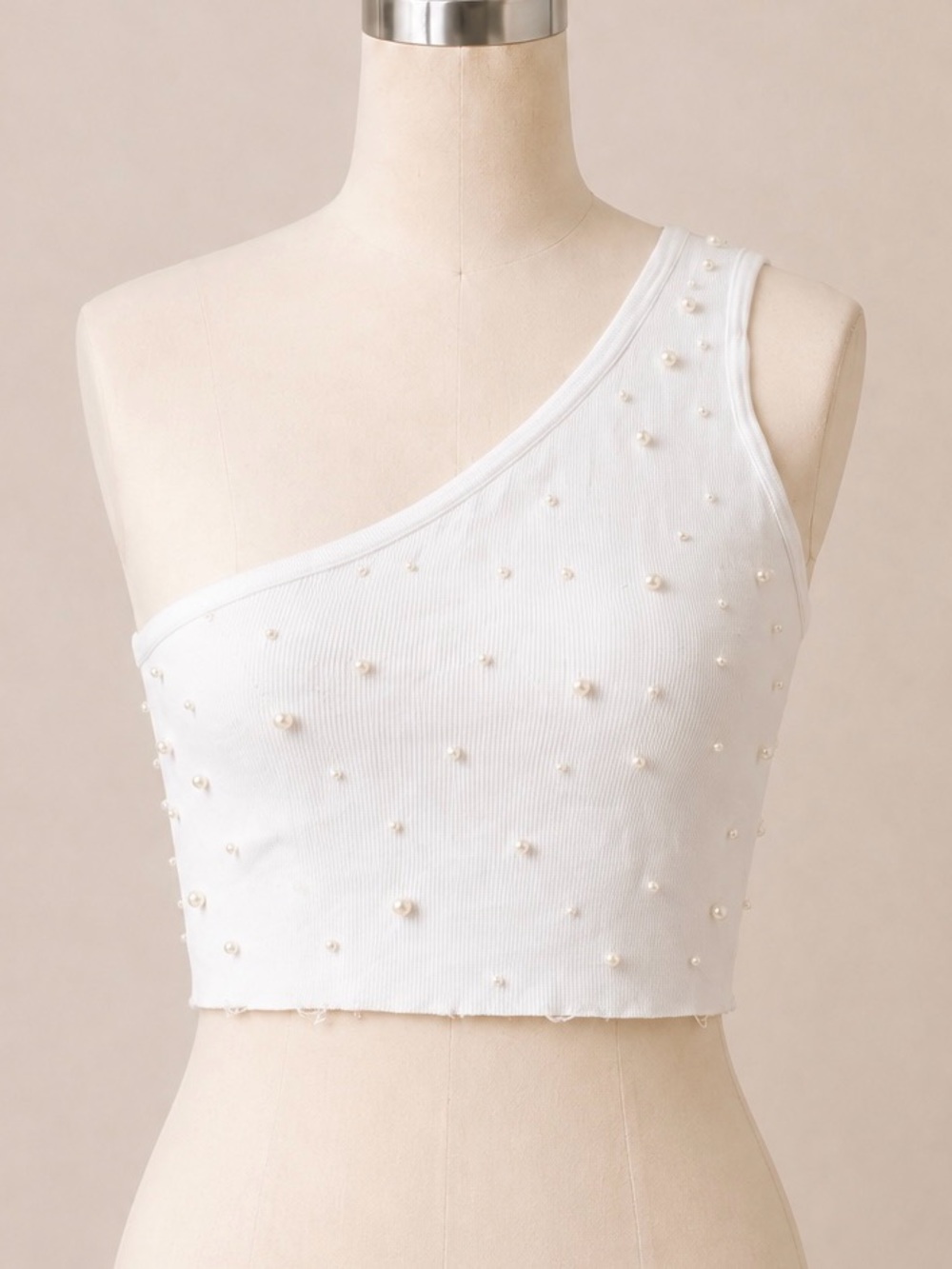 Love Tree Pearl One Shoulder Crop Top White Rib Knit NWT Medium Boutique